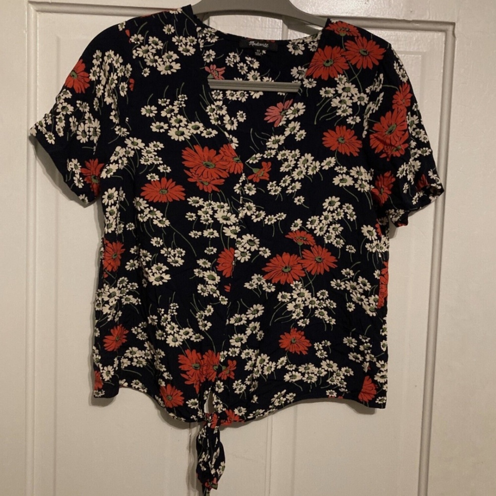 Madewell Novel Tie-Front Top Hillside Daisies V Neck Top Navy Red White Size XS